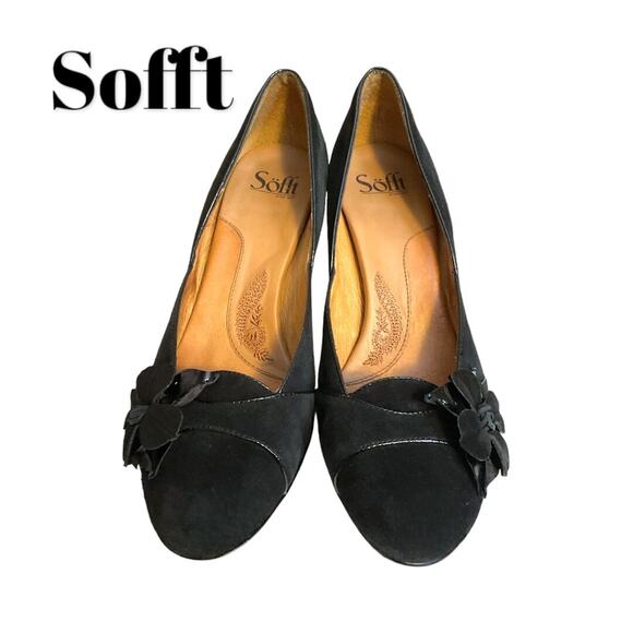 Sofft Pump Shoe SWomen's Size 9.5M Trimmed Black Suede Leather Kitten Heel - Picture 3 of 15